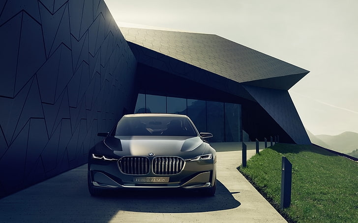 voiture BMW noire, nature, paysage, moderne, architecture, voiture, BMW, herbe, BMW Vision Future Luxury, lumière du soleil, verre, maison, collines, Fond d'écran HD