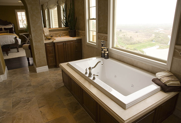 vasca da bagno bianca, vasca da bagno, finestra, design, Sfondo HD