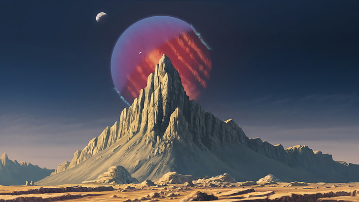 جبل صخري رمادي ، قمة رمادية ضد القمر ، فن رقمي ، جبال ، كوكب، خلفية HD