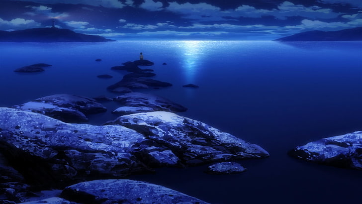 foto av havet under natten, Oändlig Stratos, anime, mörk, hav, natt, HD tapet