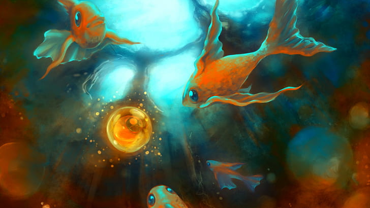 ilustraciones, burbujas, peces, peces de colores, bajo el agua, Fondo de pantalla HD