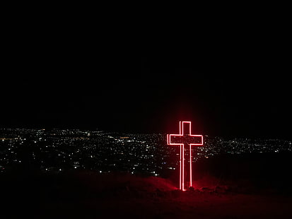 красный крест, крест, ночной город, огни города, вид, обзор, HD обои HD wallpaper