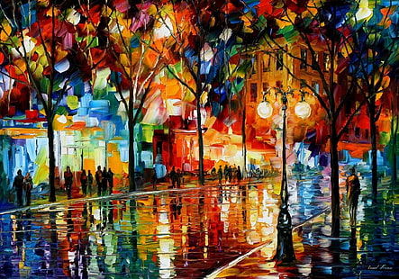 multicolored street between trees painting, painting, Leonid Afremov, trees, street light, street, reflection, colorful, artwork, HD wallpaper HD wallpaper