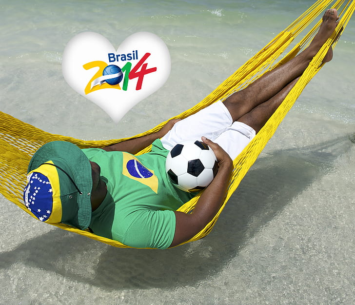 logo, man, football, flag, World Cup, Brasil, FIFA, hammock, HD wallpaper