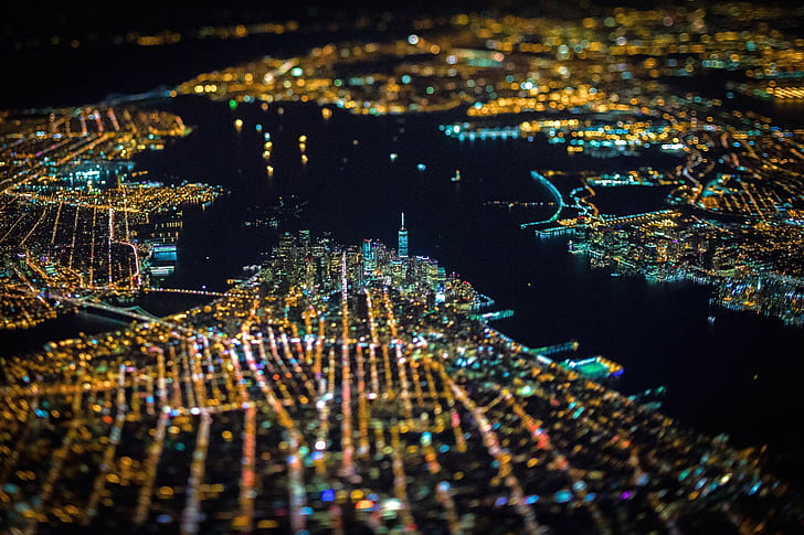 pejzaż miejski, miasto, światła, USA, noc, widok z lotu ptaka, bokeh, Nowy Jork, tilt shift, Tapety HD