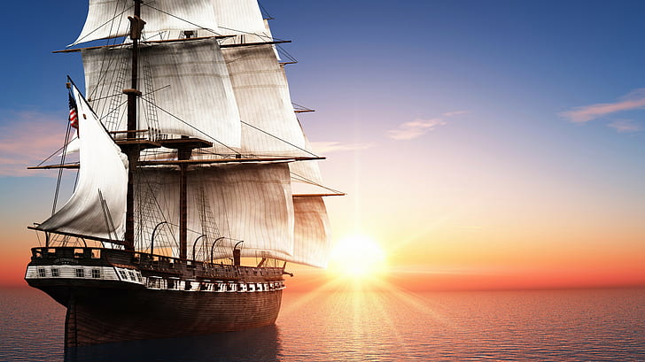 dan, grafik, Berlayar, laut, kapal, matahari, matahari terbit, matahari terbenam, 6000x3374, Wallpaper HD