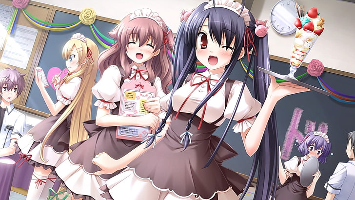 anime character wallpaper, girls, waitress, tray, order, dessert, HD wallpaper