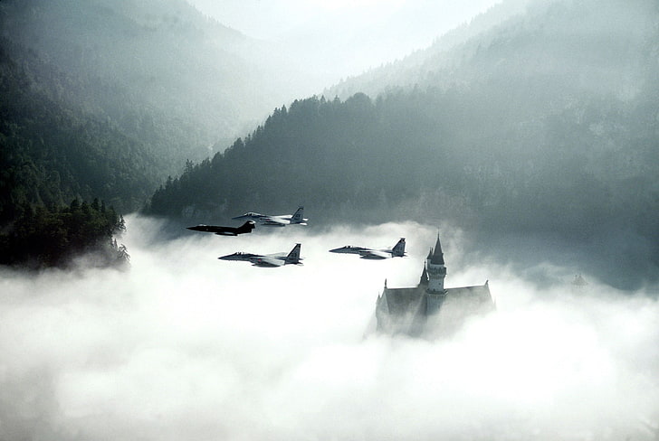 airplane, castle, clouds, F15 Eagle, Jet Fighter, landscape, nature, Neuschwanstein Castle, HD wallpaper