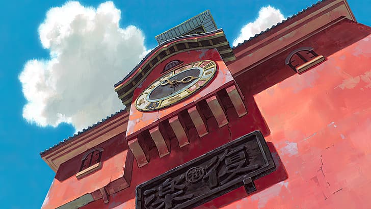 Spirited Away ภาพยนตร์การ์ตูน อะนิเมะ แอนิเมชัน ภาพนิ่งภาพยนตร์ Studio Ghibli Hayao Miyazaki นาฬิกา ท้องฟ้า เมฆ อาคาร, วอลล์เปเปอร์ HD