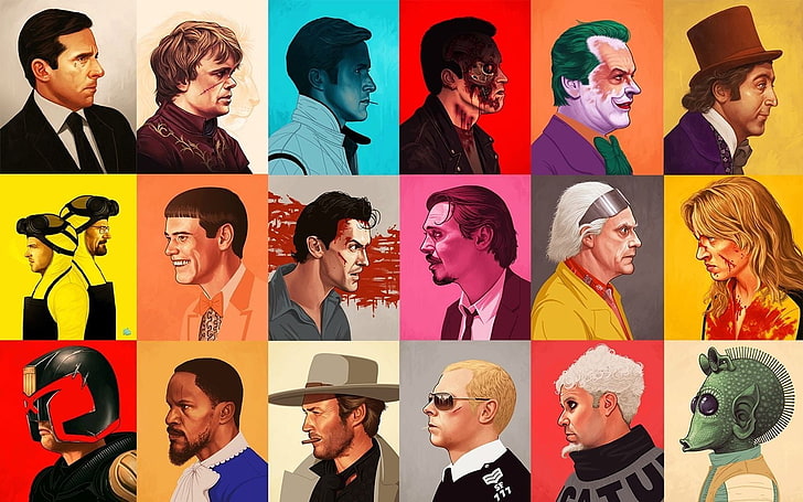 Hollywood actor and actress painting collage, portrait photo of men collage, Breaking Bad, Game of Thrones, Drive, Terminator, Joker, Willy Wonka, Back to the Future, Kill Bill, Judge Dredd, Django Unchained, Clint Eastwood, movies, Hot Fuzz, Star Wars, Dumb and Dumber, Zoolander, Reservoir Dogs, The Evil Dead, collage, The Office, HD wallpaper