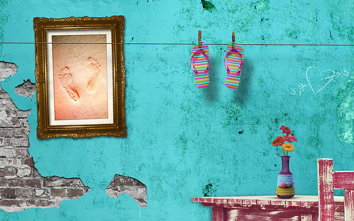 pair of multicolored flip-flops, room, painting, vase, table, wall, cracks, HD wallpaper