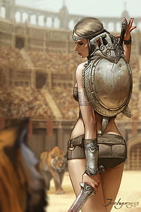 donna che tiene la spada e lo scudo di fronte alla carta da parati della tigre, fantasy art, guerriero, gladiatori, ragazza fantasy, Sfondo HD HD wallpaper