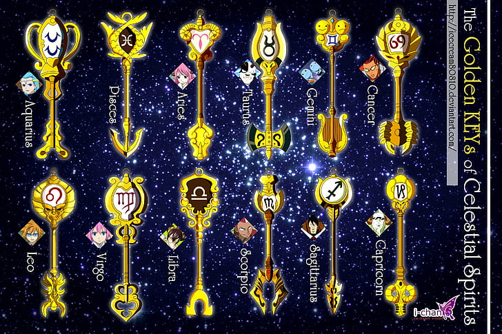 Golden Keys, ทอง, หางนางฟ้า, อะนิเมะ, กุญแจ, ท้องฟ้า, จักรราศี, วอลล์เปเปอร์ HD