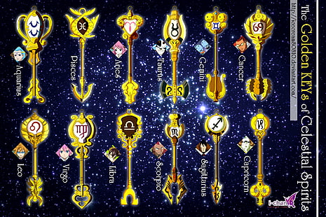 Golden Keys, ทอง, หางนางฟ้า, อะนิเมะ, กุญแจ, ท้องฟ้า, จักรราศี, วอลล์เปเปอร์ HD HD wallpaper
