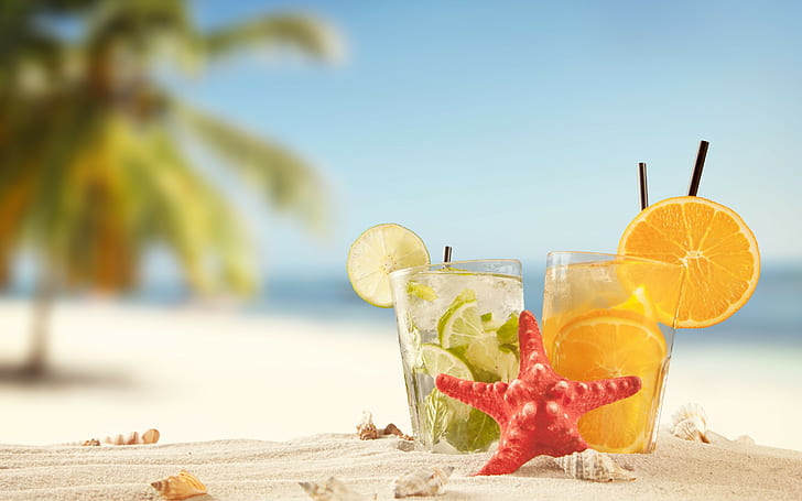 Tropical Summer drink, lato, tropikalny, wakacje, plaża, drink, piasek, morze, słońce, koktajle, muszle, limonka, pomarańcza, Tapety HD