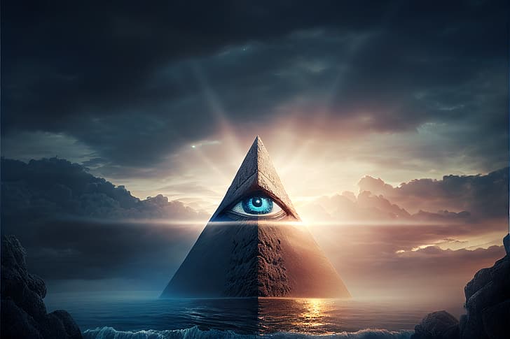 AI-konst, Illuminati, Eye of Providence, pyramid, ögon, moln, HD tapet