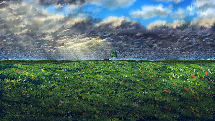clouds, artwork, nature, painting, horizon, HD wallpaper