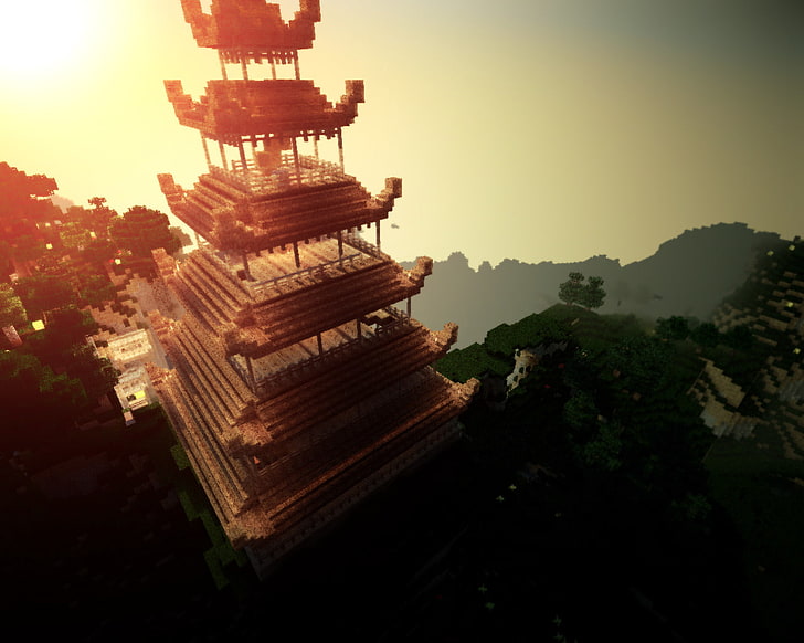 brown Asian structure, Video Game, Minecraft, HD wallpaper
