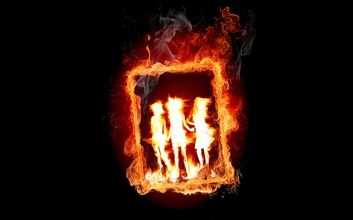Girl Frame in Fire, fire frame, art, background, smoke, HD wallpaper