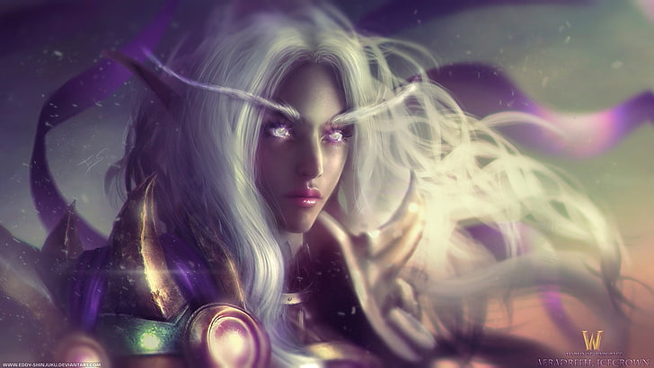 женщина с белыми волосами обои, фэнтези арт, блондинка, ночные эльфы, World of Warcraft, HD обои