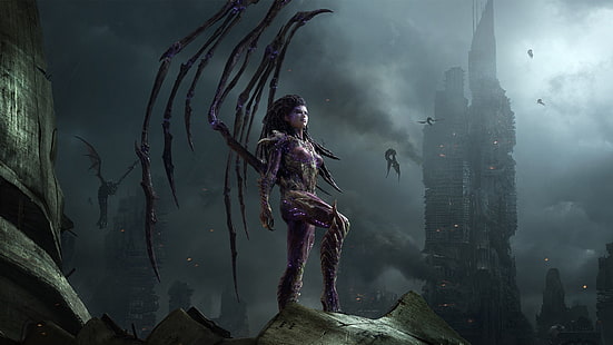  the city, wings, StarCraft II, Zerg, Sarah Kerrigan, The Queen Of Blades, Queen of Blades, HD wallpaper HD wallpaper