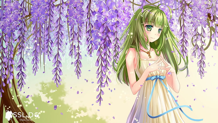 anime, gadis anime, gaun, mata hijau, rambut hijau, rambut panjang, Wallpaper HD