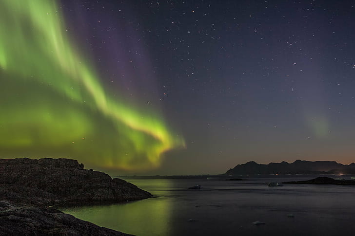 photo of Aurora Borealis, Northen, Aurora Borealis, northern lights, greenland, ice, arctic, angels, australis, shell wildlife photographer of the year, finalists, nature, sky, ciel, creative_commons, night, star - Space, astronomy, galaxy, aurora Polaris, milky Way, space, mountain, landscape, HD wallpaper