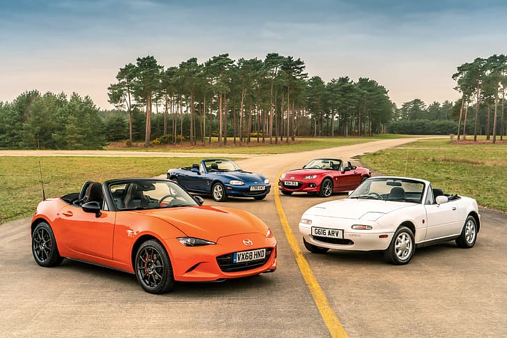 Mazda, MX-5, on the road, roadsters, four generations (NA-NB-NC-ND), HD wallpaper