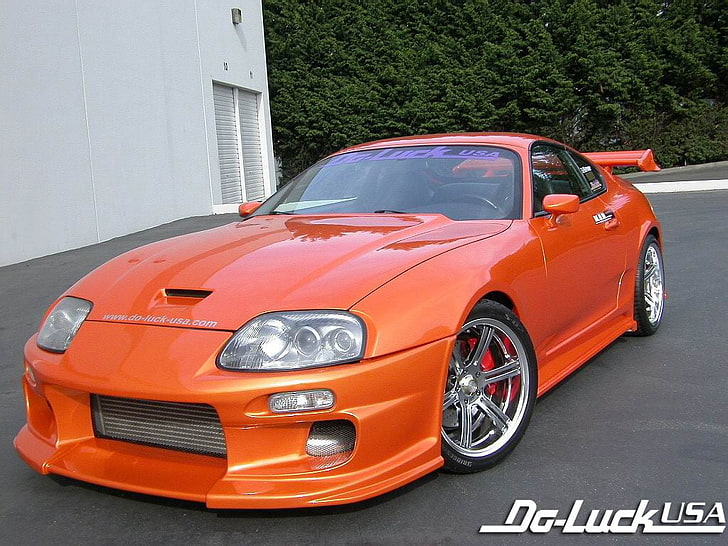 red Ford Mustang convertible coupe, Toyota Supra, Toyota, car, orange cars, vehicle, HD wallpaper
