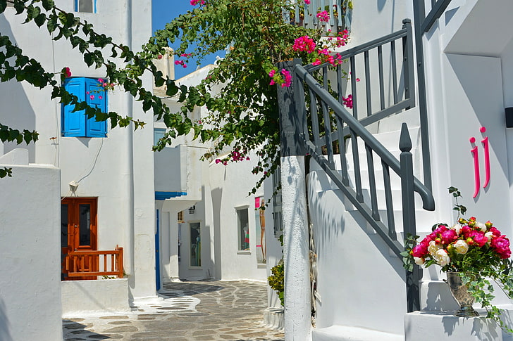 цветы, Греция, лестница, улица, Миконос, HD обои