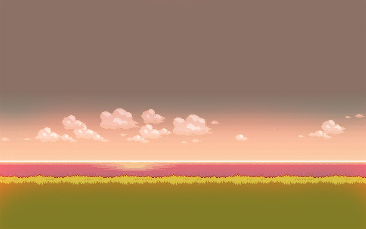 белые облака и зеленые поля травы обои, пиксель арт, пиксели, цифровое искусство, горизонт, HD обои