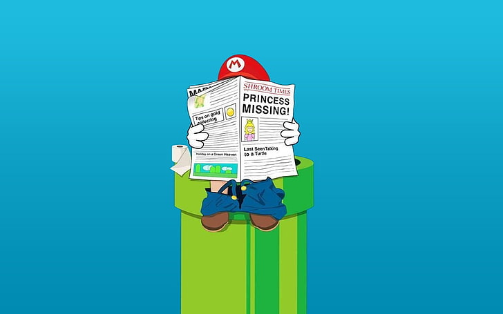 Super Mario siedzący na zielonej fajce, ilustracja Mario Bros., toalety, humor, Tapety HD