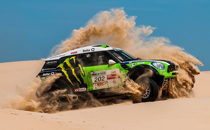 Sand, Desert, Green, Mini Cooper, Rally, Dakar, MINI, X-raid, Competition, HD wallpaper