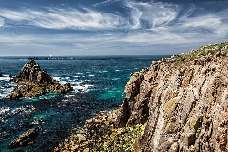 Atlantic ocean, sky, rocks, 4k, England, 5k, Cornwall, HD wallpaper