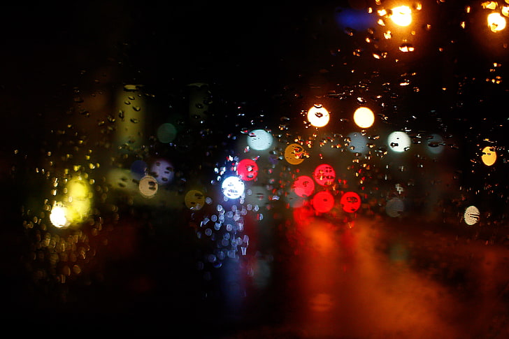 luces, vidrio, noche, bokeh, gotas, lluvia, globos, Fondo de pantalla HD