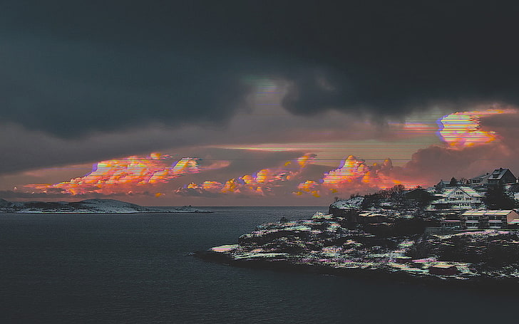 vaporwave, paysage, neige, île, Fond d'écran HD