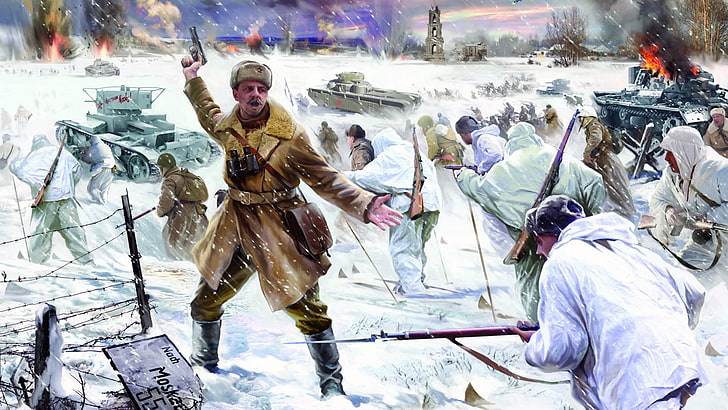 soldats se battant sur la neige peinture, hiver, guerre, attaque, figure, soldats, chars, bataille pour Moscou, la contre-offensive soviétique près de Moscou, la bataille de Moscou, opération 