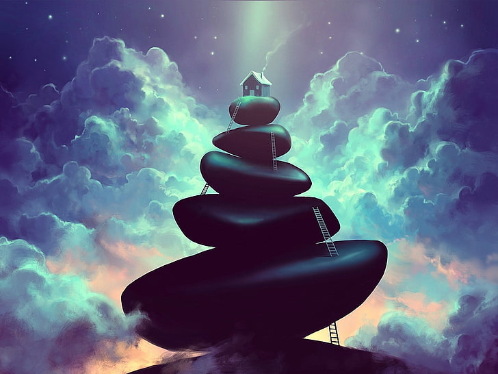 house on top of stack of rock illustration, abstract, house, HD wallpaper
