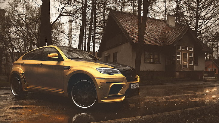 brown sedan, BMW, X6M, yellow matte chrome, hamann tycoon evo m, HD wallpaper