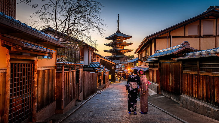 женское черно-розовое кимоно, японские женщины, киото, пагода, япония, японское кимоно, HD обои