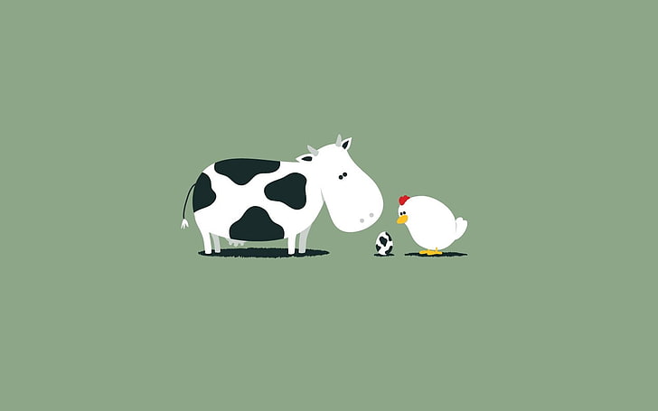 корова и курица картинки, юмор, корова, куры, яйца, минимализм, произведения искусства, HD обои