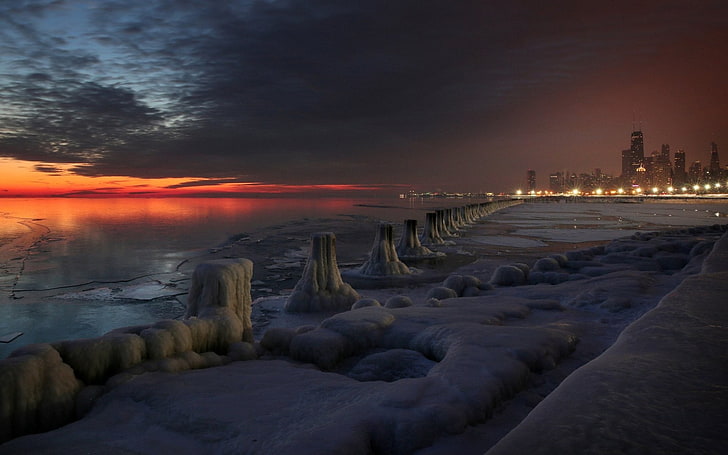 Stadtbild von Wasser, Winter, Natur, Schnee, Nacht, Chicago, Abenddämmerung, Eis, Wolkenkratzer, Sonnenuntergang, HD-Hintergrundbild