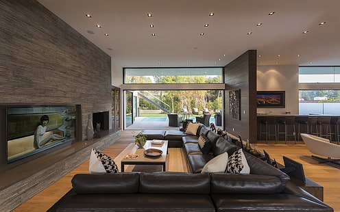Sala de estar marrón, diseño de interiores, sofá, sala de estar, muebles., Fondo de pantalla HD HD wallpaper