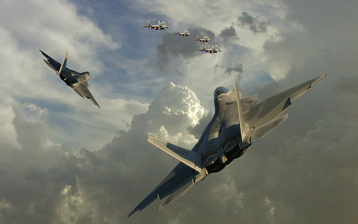 иллюстрация реактивных истребителей, воздушный бой, реактивный истребитель, F-22 Raptor, mig-29, HD обои