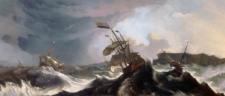 традиционное искусство, классическое искусство, военный корабль, океанский бой, волны, облака, Бахуйсен, сверхширокий, корабль, HD обои