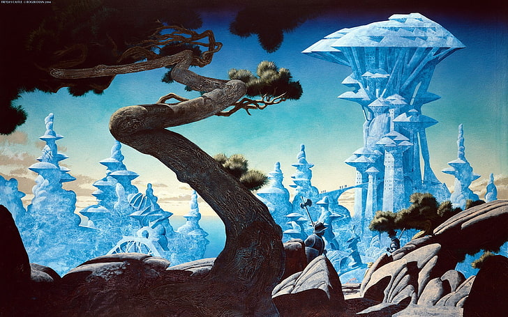 sztuka cyfrowa, fantasy art, Roger Dean, przyroda, drzewa, gałąź, skała, zamek, rycerz, Tapety HD