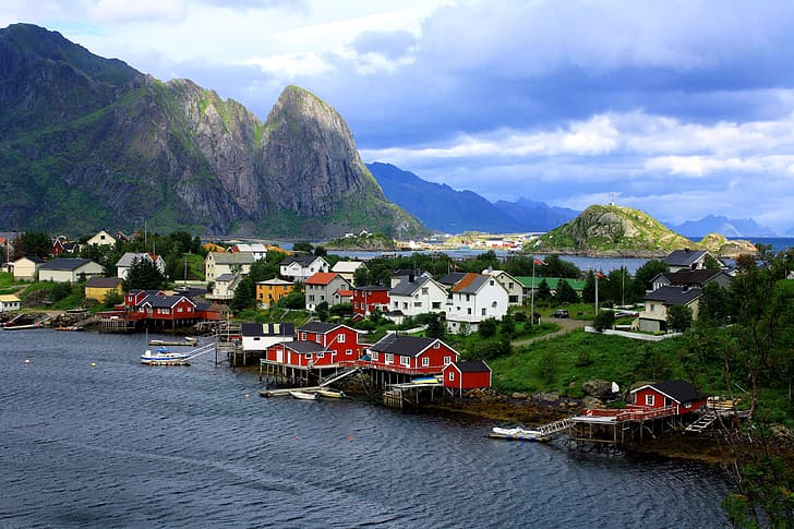sea, landscape, mountains, nature, home, village, Norway, The Lofoten Islands, Pure, The Rhine, Lofoten, HD wallpaper