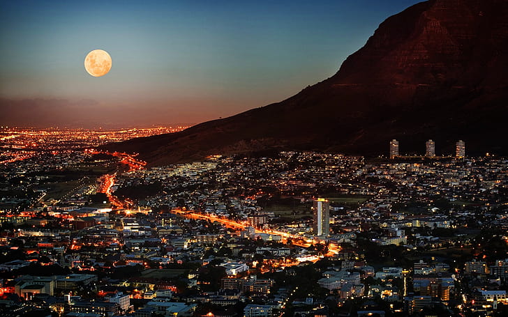 South Africa Night, Cape Town, a metropolis, skyscrapers, moon, lights, sky, HD wallpaper