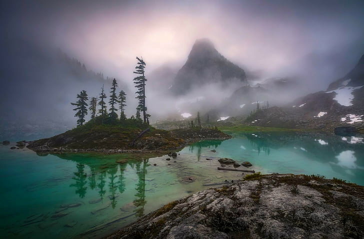 фотография, пейзаж, природа, мъгла, езеро, планини, сутрин, сняг, дървета, Канада, HD тапет