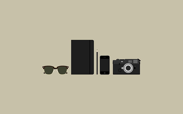 предметы, фотоаппарат, солнцезащитные очки, кошельки, телефоны, минимализм, HD обои